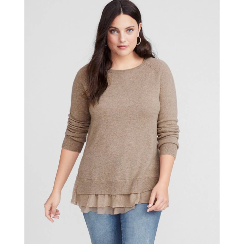 Garnet Hill Cashmere Silk Lace Trim Crewneck Sweater Feminine Romantic boho M